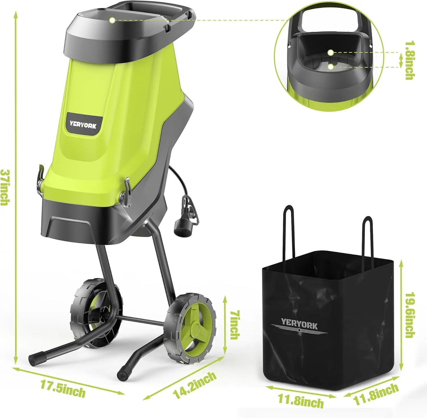 15-Amp Electric Wood Chipper with 1.8" Feed Hopper 45L Collection Bag - YERYORK 
